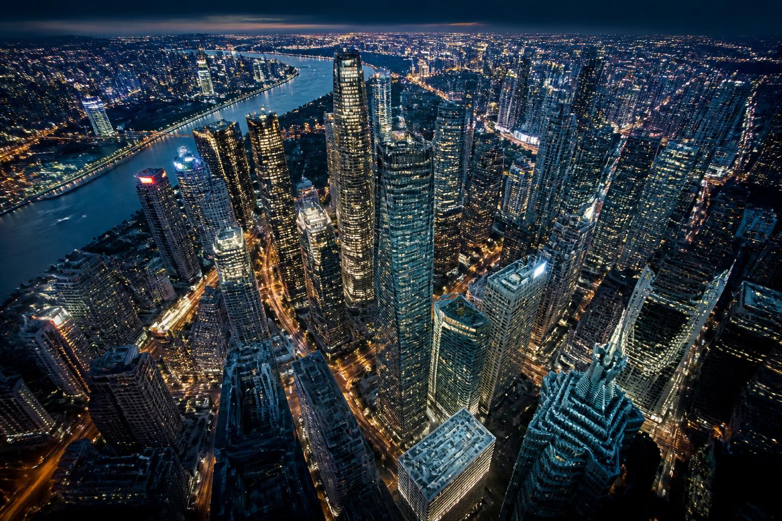 Aerial view of a global city skyline at night